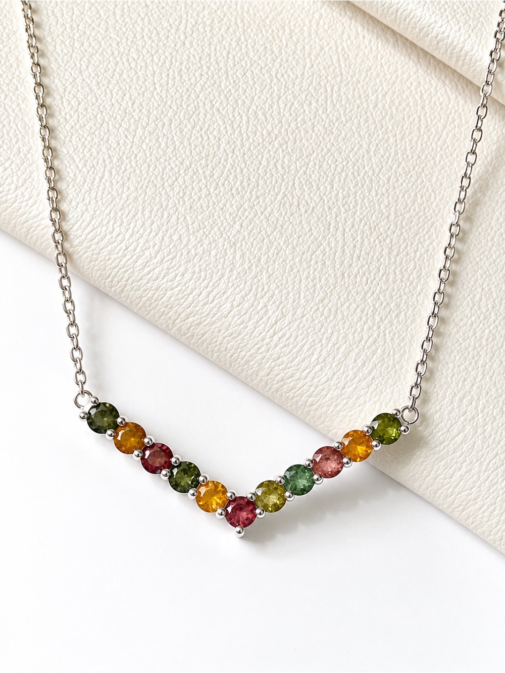 Natural Multi Tourmaline “V” necklace in 925 Sterling Silver, Delicate necklace